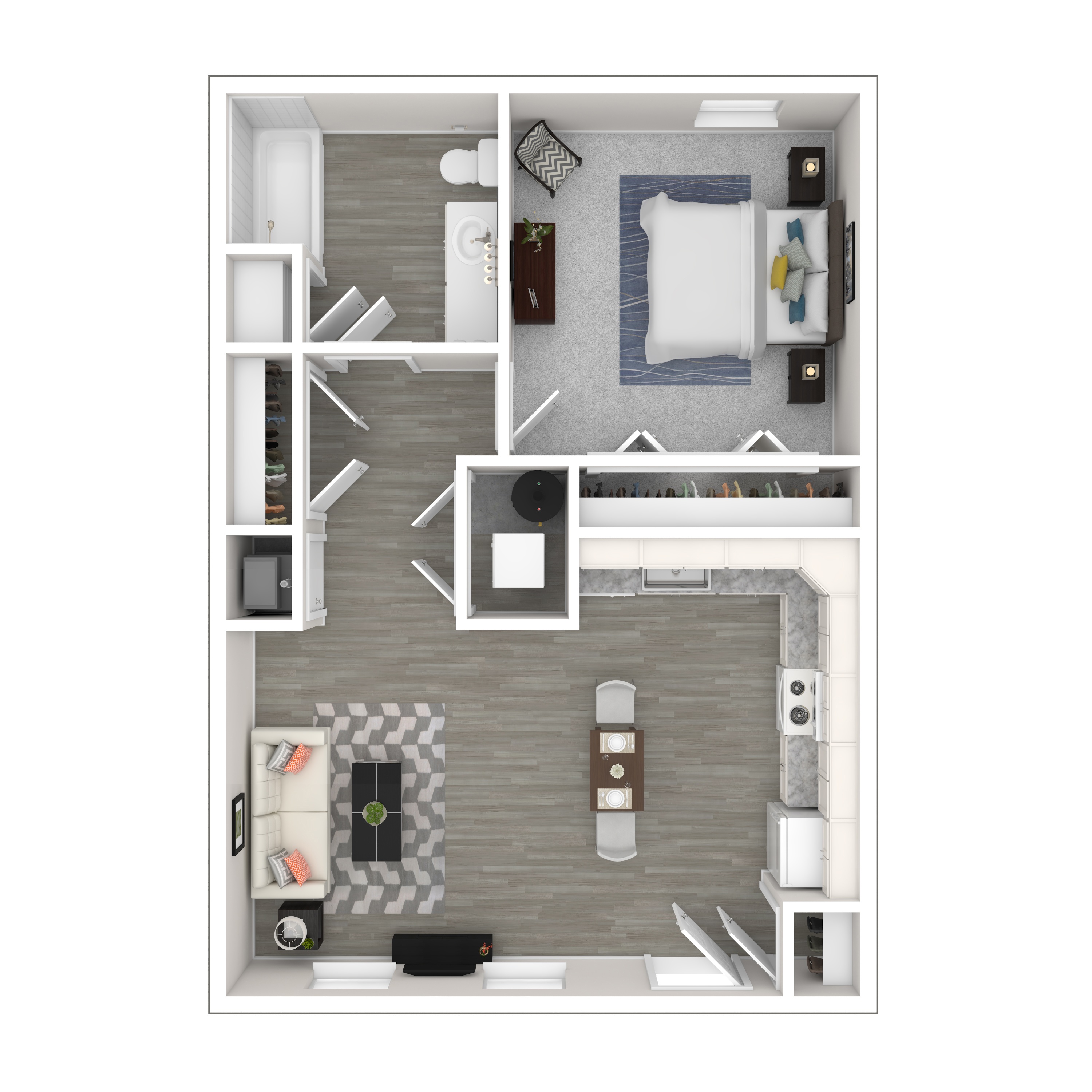 A top down view of a small apartment with a kitchen